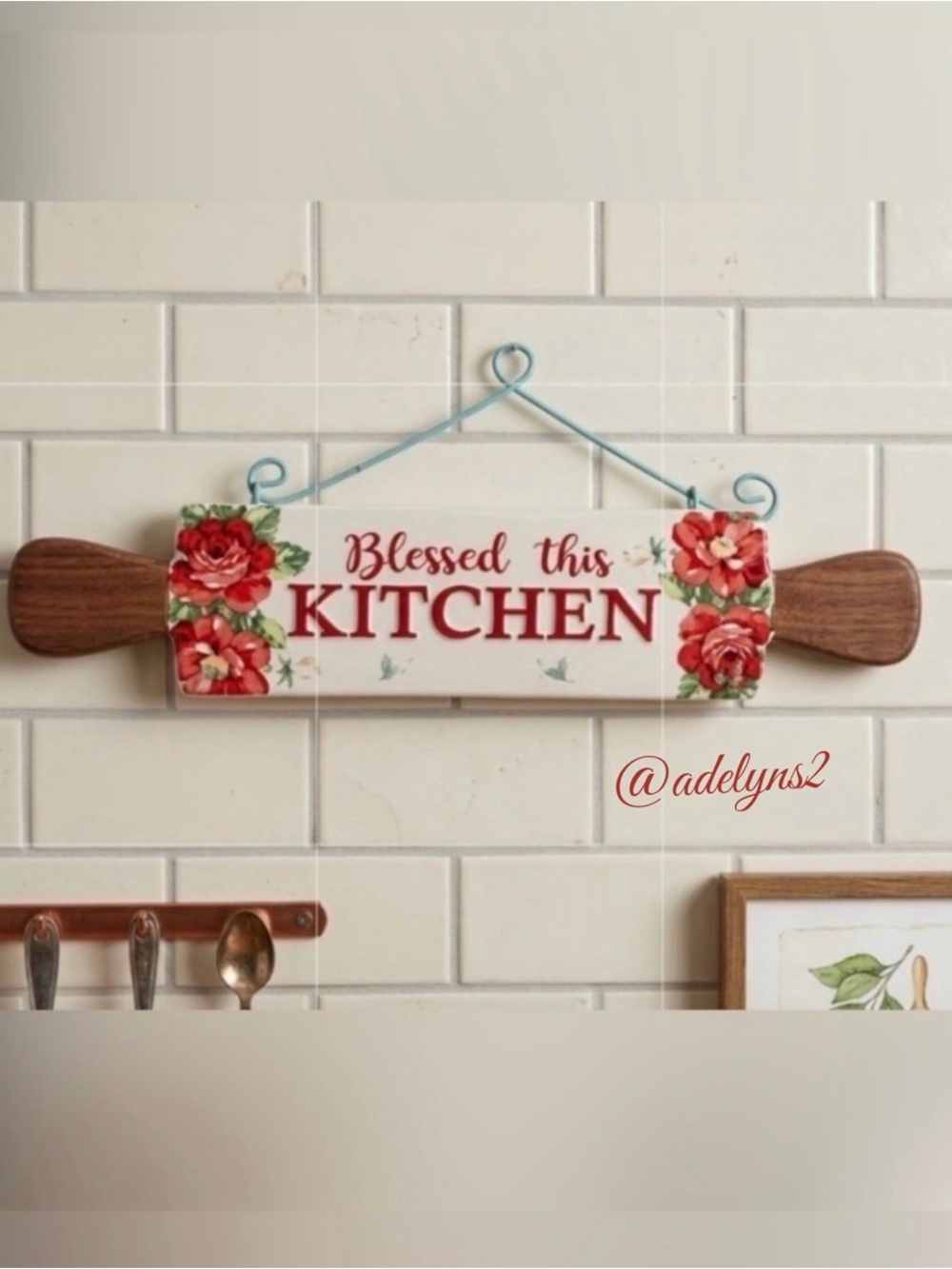 Last One! 🌺 New The Pioneer Woman Red Gingham Rolling Pin Sign With Hooks